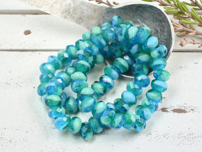 Czech Glass Faceted Large Hole Roller Rondelle Beads - Blended Turquoise AB - 6x9mm - 25pcs (2132)