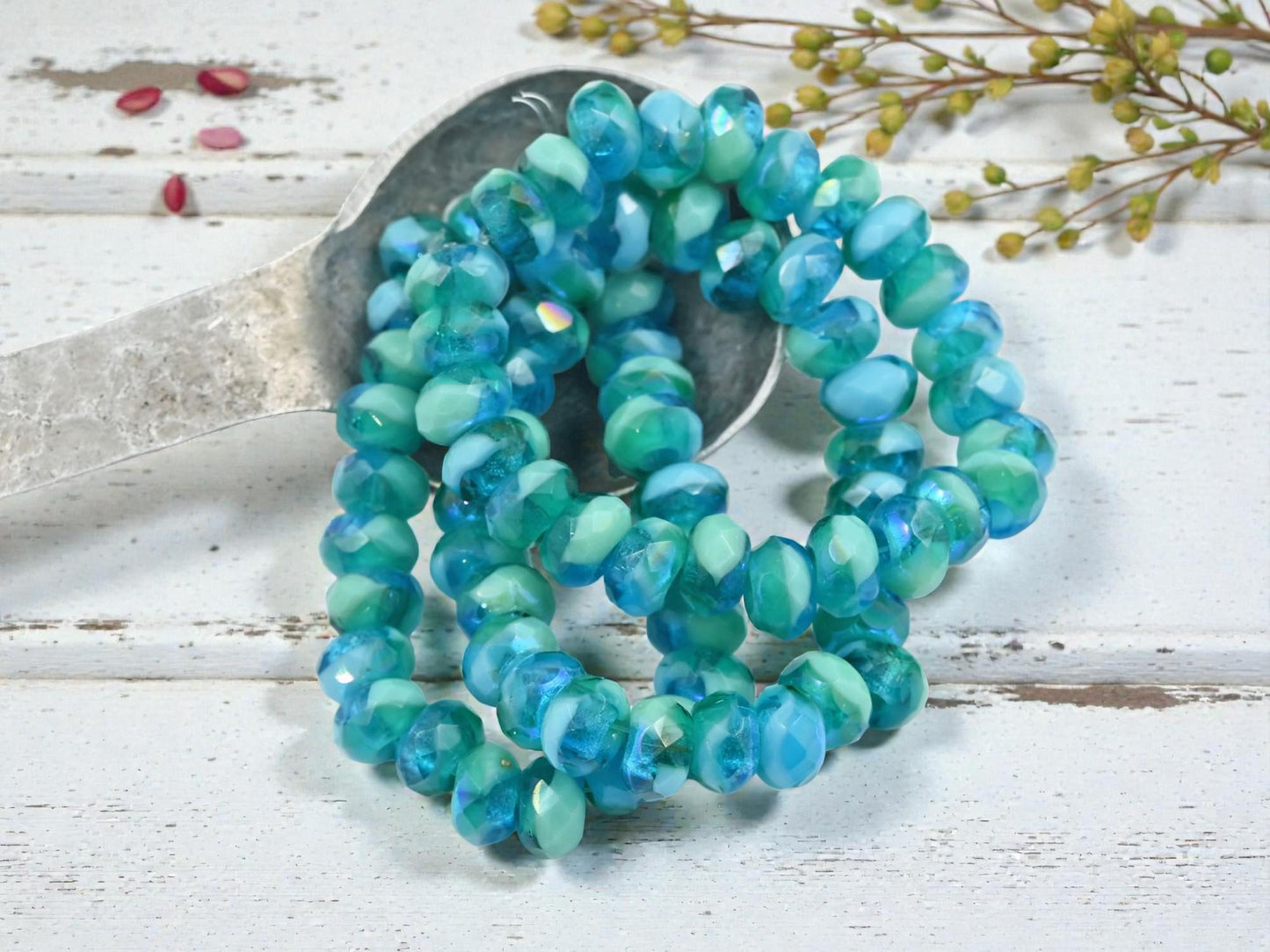 Czech Glass Faceted Large Hole Roller Rondelle Beads - Blended Turquoise AB - 6x9mm - 25pcs (2132)