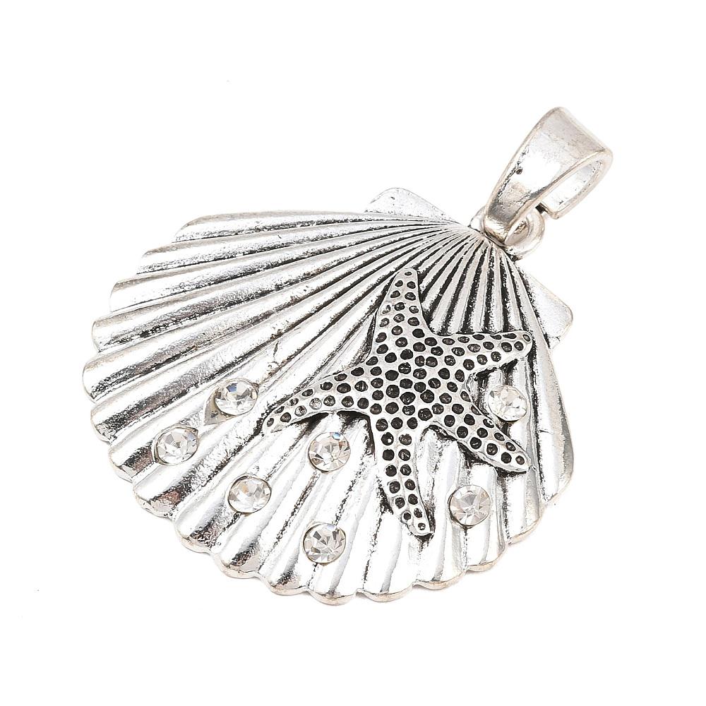 Antique Silver Metal Sea Shell Pendant with Crystal Rhinestones - 54x52mm - 1pcs - (A668)