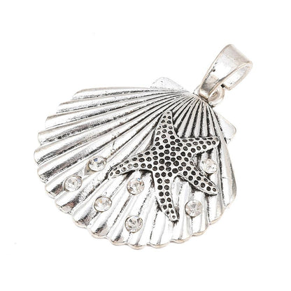 Antique Silver Metal Sea Shell Pendant with Crystal Rhinestones - 54x52mm - 1pcs - (A668)