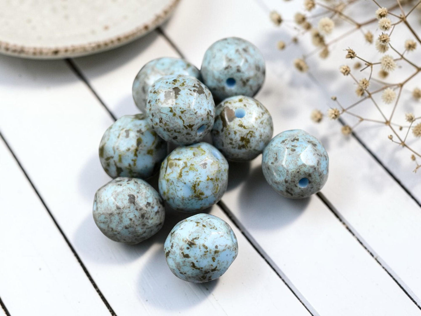 *10* 10mm Robins Egg Picasso Fire Polished Round Beads