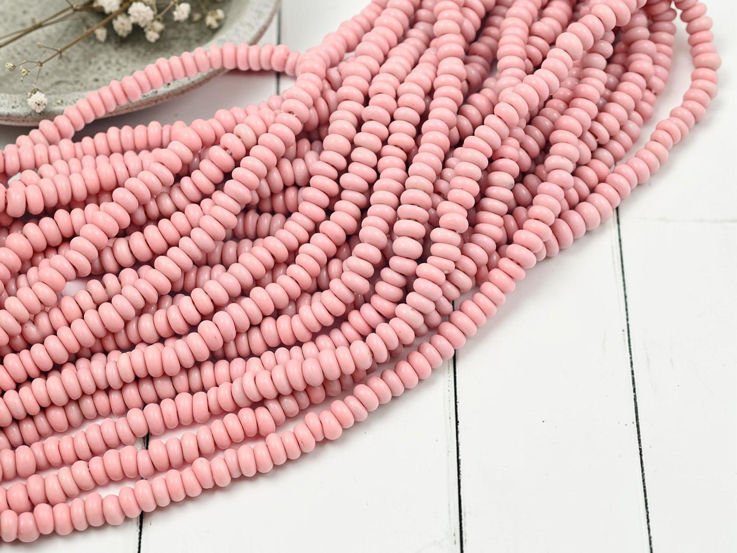 Indonesian Java Glass Beads - Donut Shape - Powder Pink - Approx 4x7mm - 20" Strand - (B322)