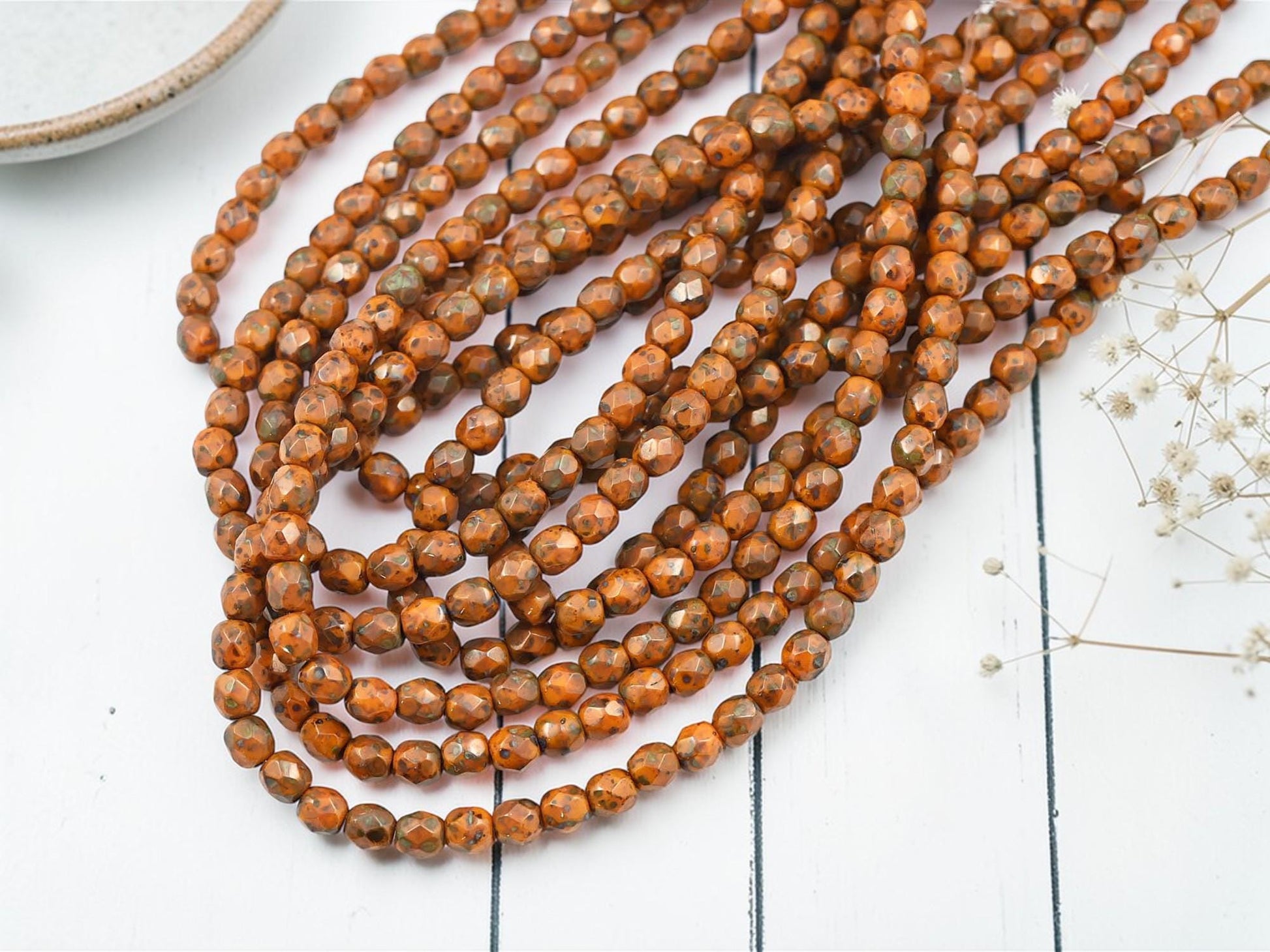 4mm Czech Glass Faceted Fire Polished Round Beads - Butternut Orange Picasso - 50pcs - (3220)