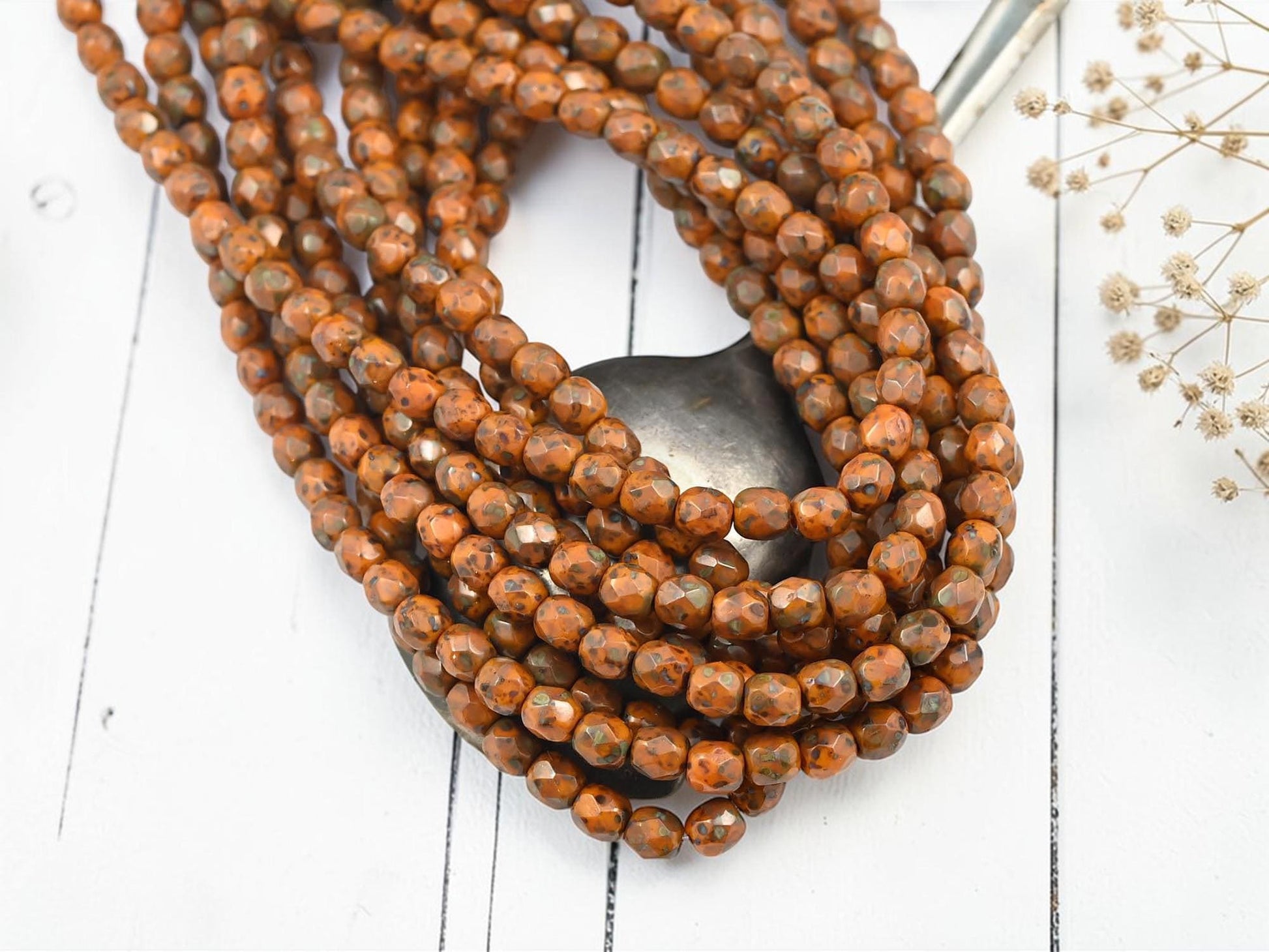 4mm Czech Glass Faceted Fire Polished Round Beads - Butternut Orange Picasso - 50pcs - (3220)