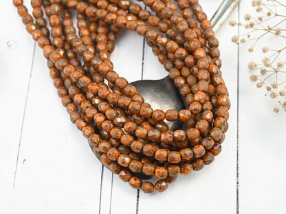 4mm Czech Glass Faceted Fire Polished Round Beads - Butternut Orange Picasso - 50pcs - (3220)