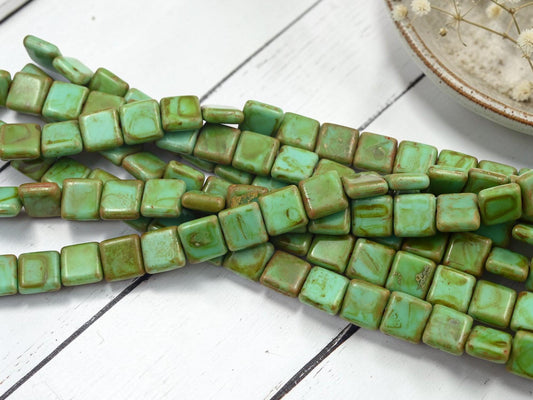Old Stock Czech Glass Flat Square Beads - Turquoise Picasso - 10mm - 19pcs - (A48)