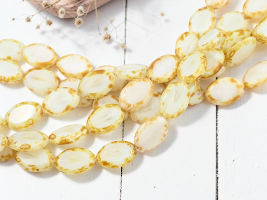 Old Stock Czech Glass Table Cut Oval Beads - White Opal Travertine - 20x14mm - 11pcs- (5379)