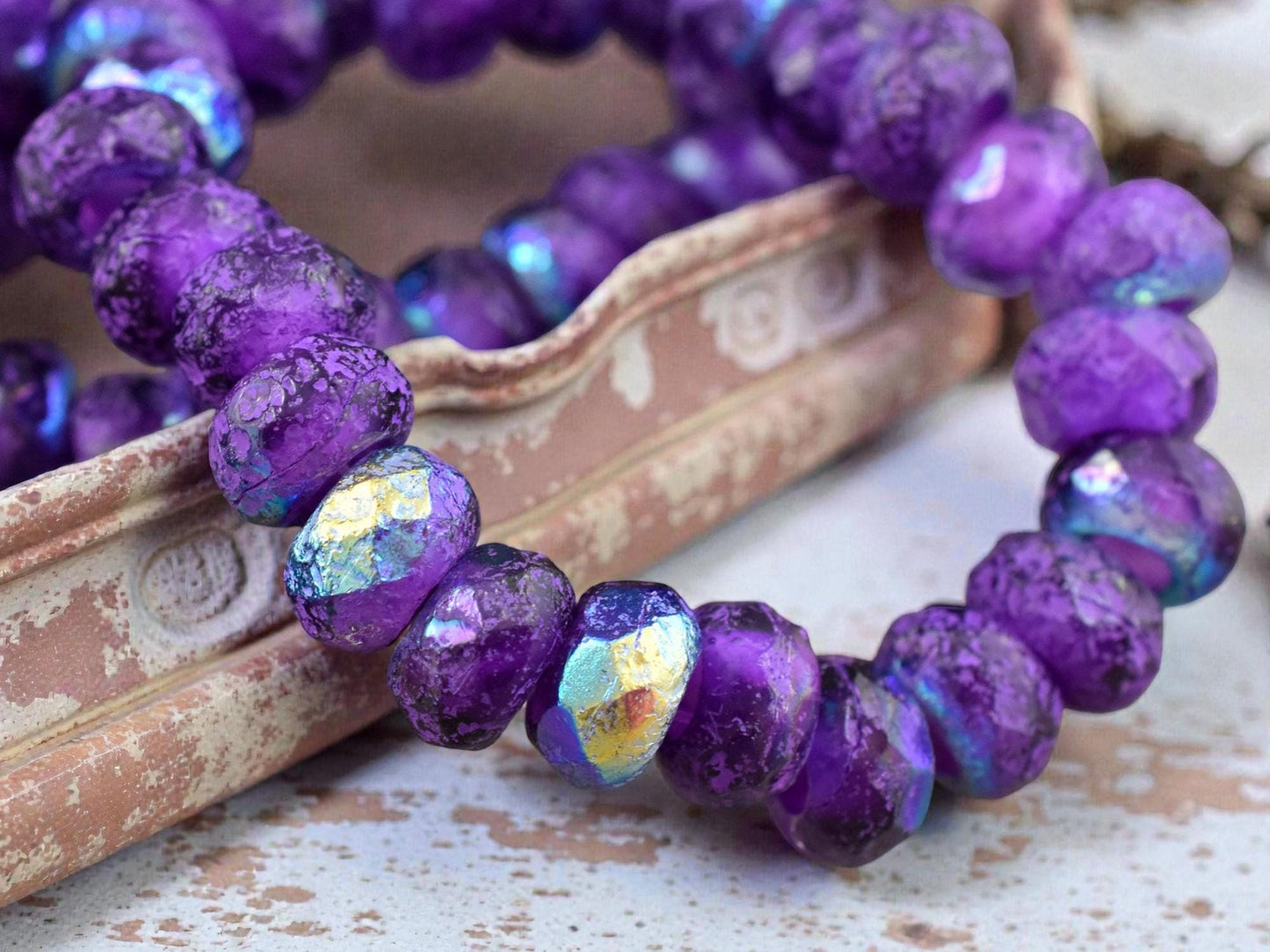 *10* 5x8mm Purple Washed Purple Pansy AB Faceted Large Hole Rondelle Roller Beads