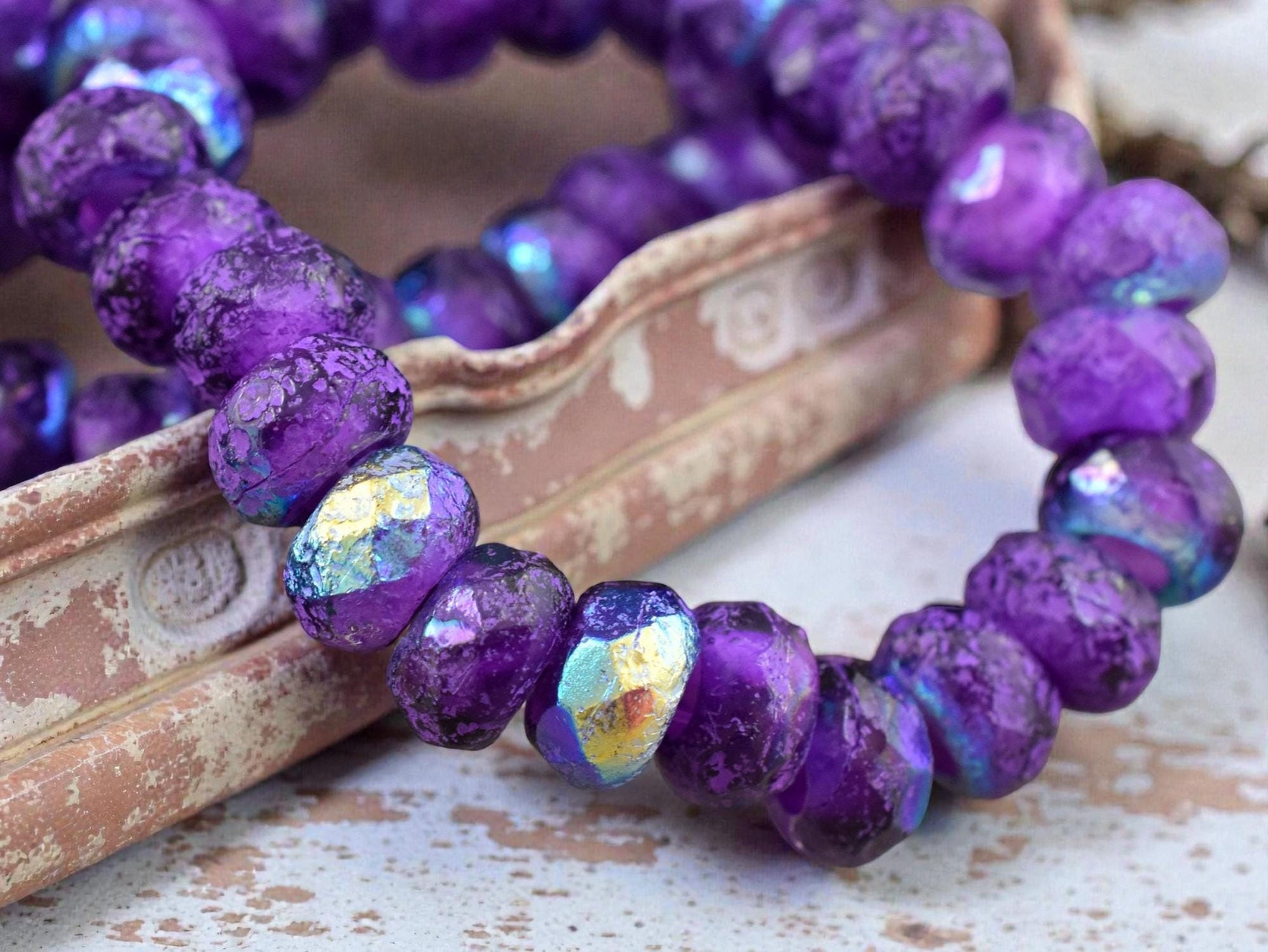 *10* 5x8mm Purple Washed Purple Pansy AB Faceted Large Hole Rondelle Roller Beads