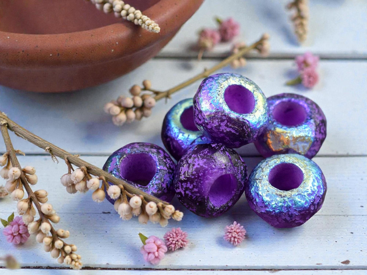 *10* 5x8mm Purple Washed Purple Pansy AB Faceted Large Hole Rondelle Roller Beads