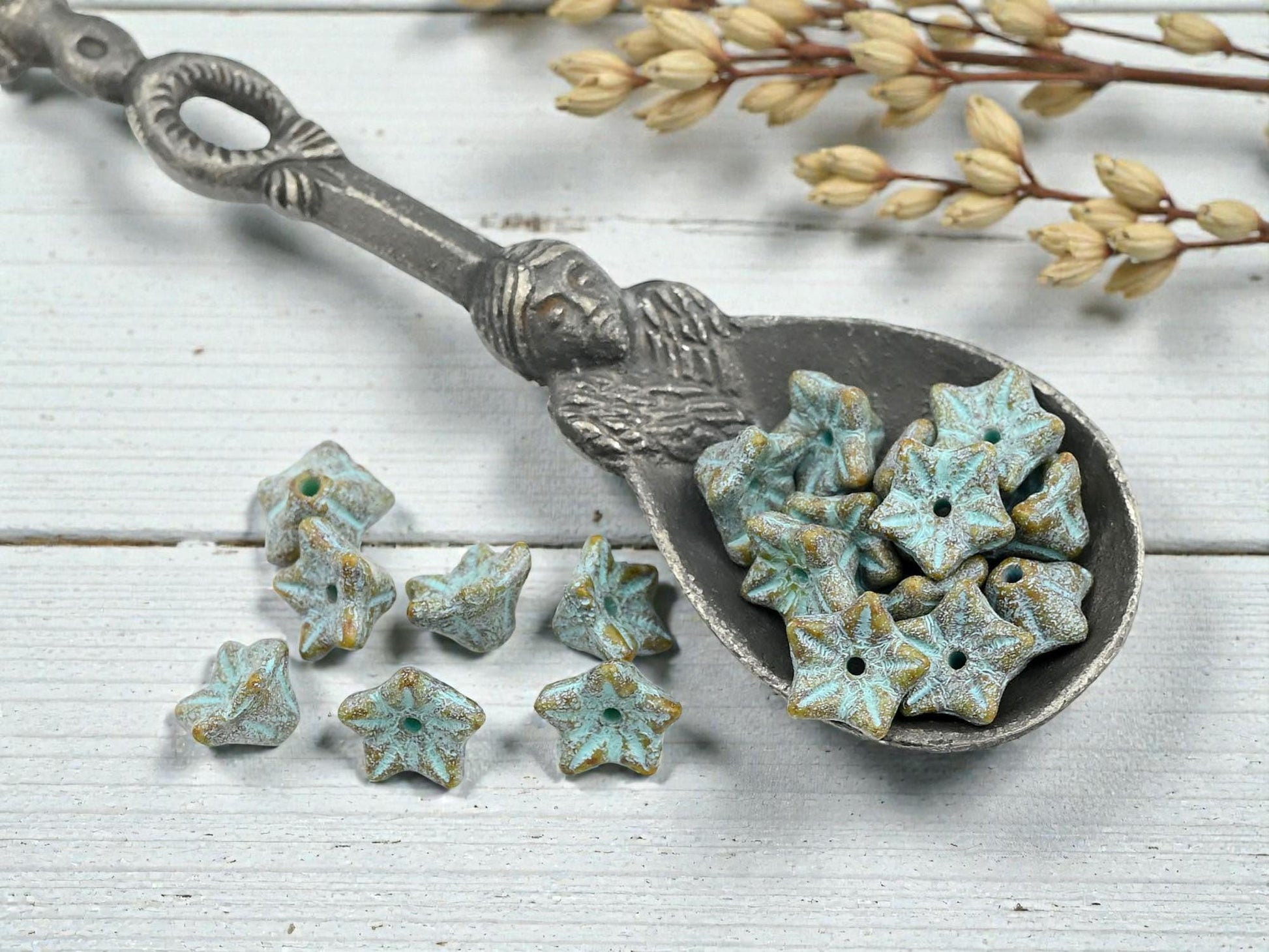 Czech Glass Etched Bell Flower Beads - Turquoise Washed Beige - 5x8mm - 25pcs - (1874)