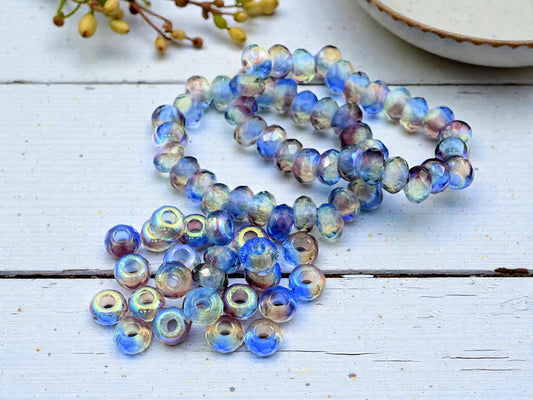 Czech Glass Large 3mm Hole Fire Polished Roller Rondelle Beads - Sapphire Amethyst Jonquil AB - 6x9mm - 25pcs - (1168)