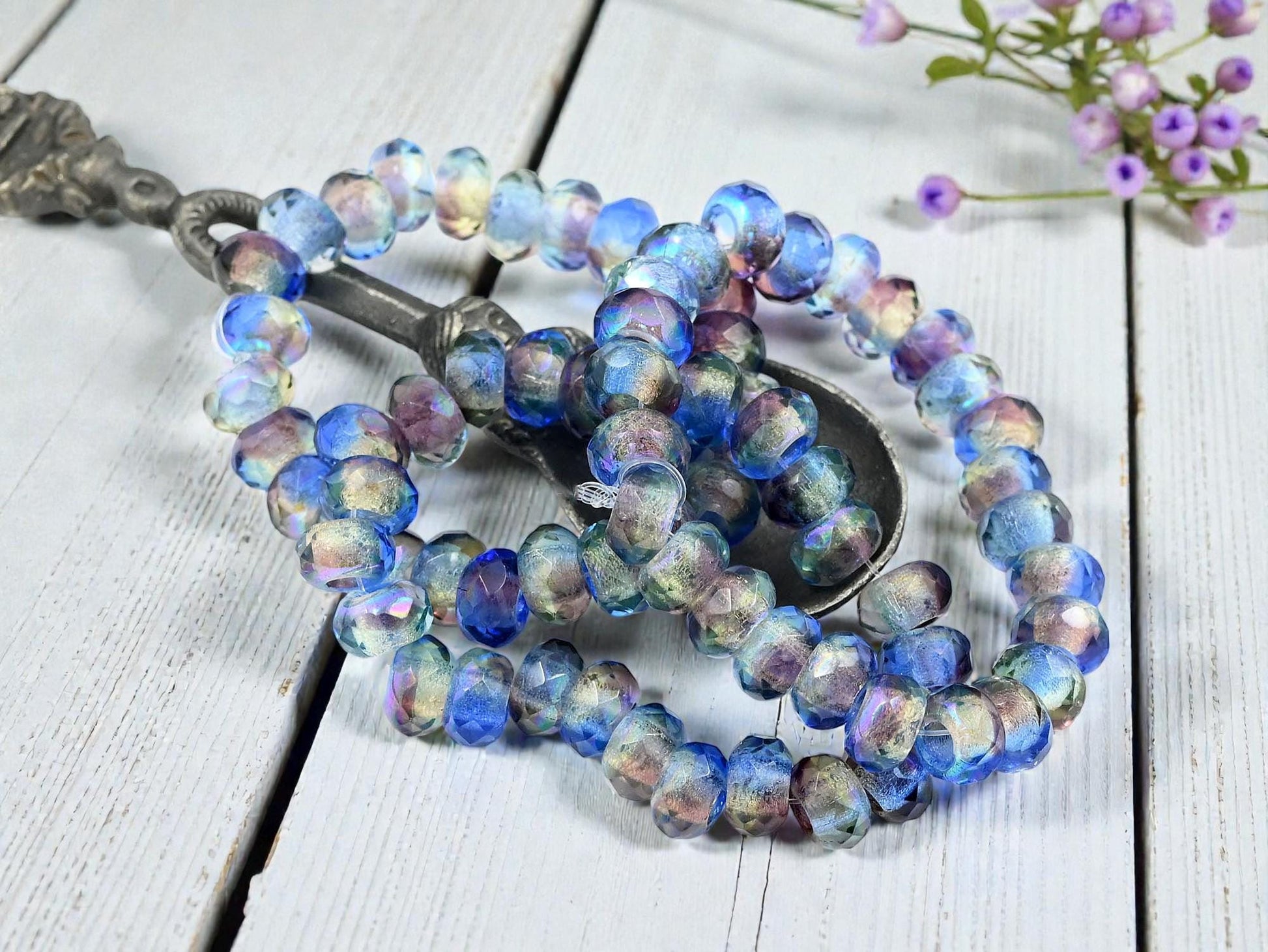 Czech Glass Large 3mm Hole Fire Polished Roller Rondelle Beads - Sapphire Amethyst Jonquil AB - 6x9mm - 25pcs - (1168)