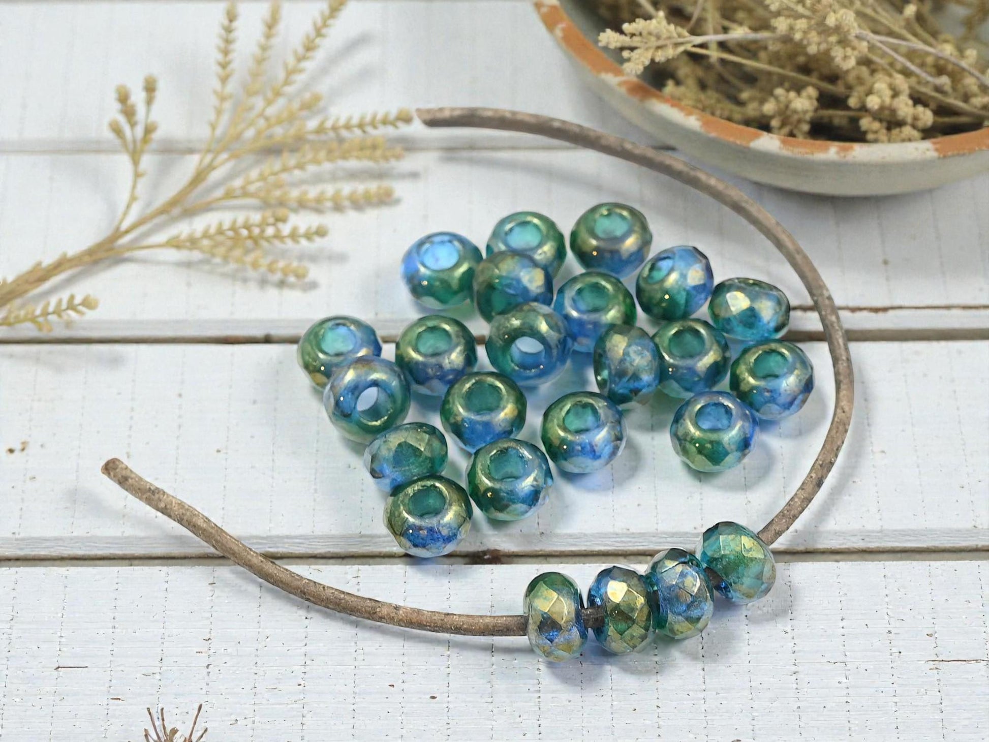 Czech Glass Large 3mm Hole Fire Polished Roller Rondelle Beads - Sapphire Emerald Luster - 6x9mm - 25pcs - (197)