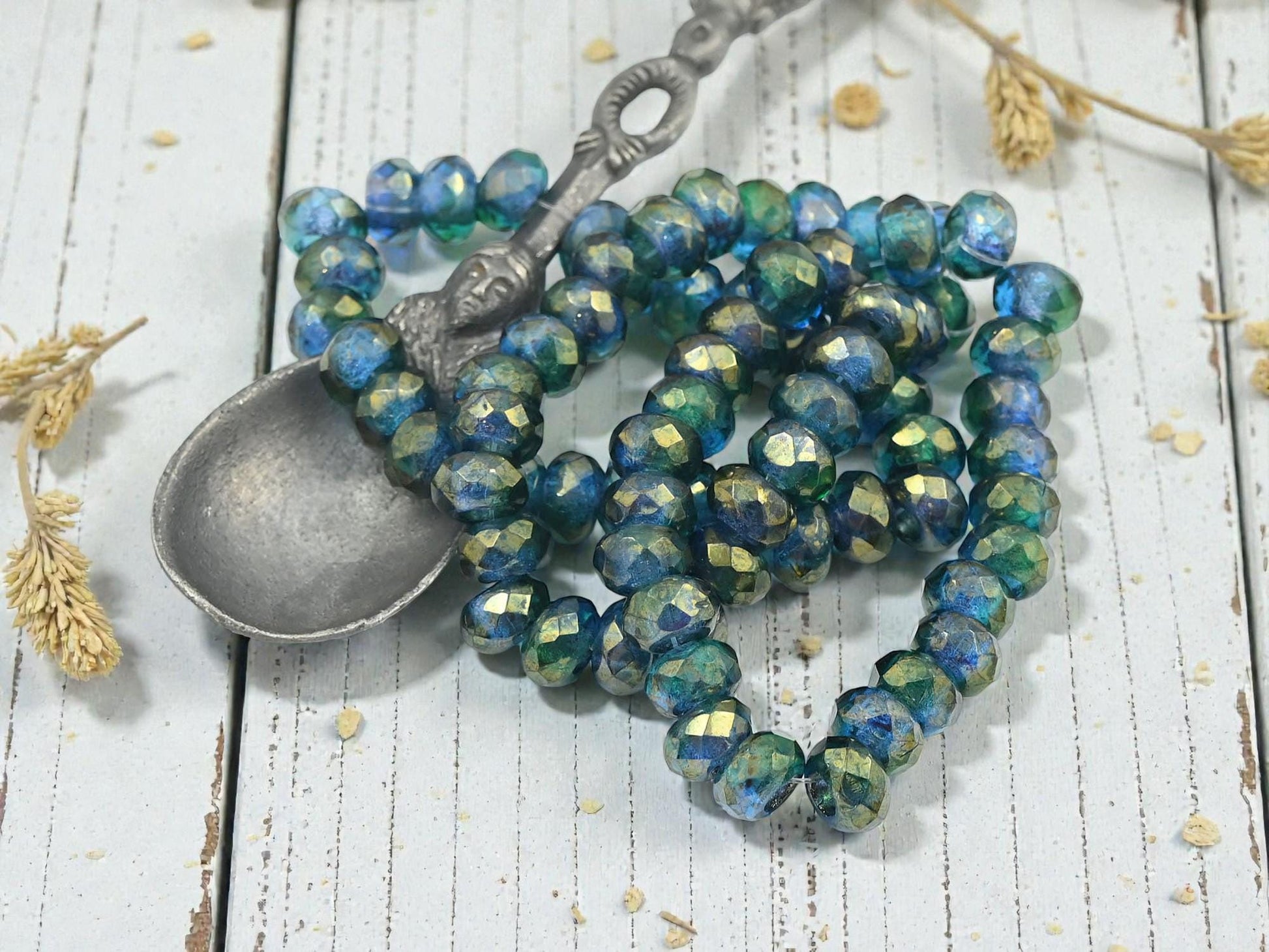 Czech Glass Large 3mm Hole Fire Polished Roller Rondelle Beads - Sapphire Emerald Luster - 6x9mm - 25pcs - (197)