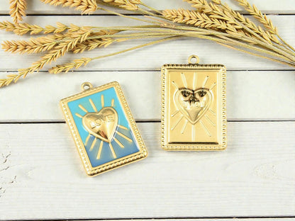 18k Gold Surrounding Blue Green Enamel Rectangle Bursting Heart Charms - 28x18mm - 2pcs - (B486)