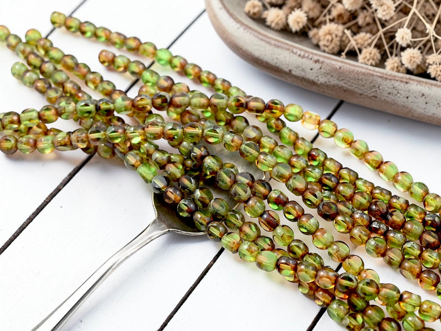 Old Stock Czech Glass 3 Cut Round Glass Beads - Topaz Olivine Picasso - 6mm - 8" Strand - (4194)