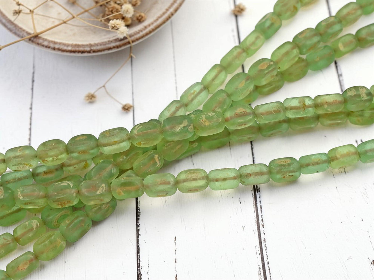 Old Stock Czech Glass Dimpled Rectangle Tube Glass Beads - Matte Olive Green Picasso - 11x7mm - 8" Strand - (B107)