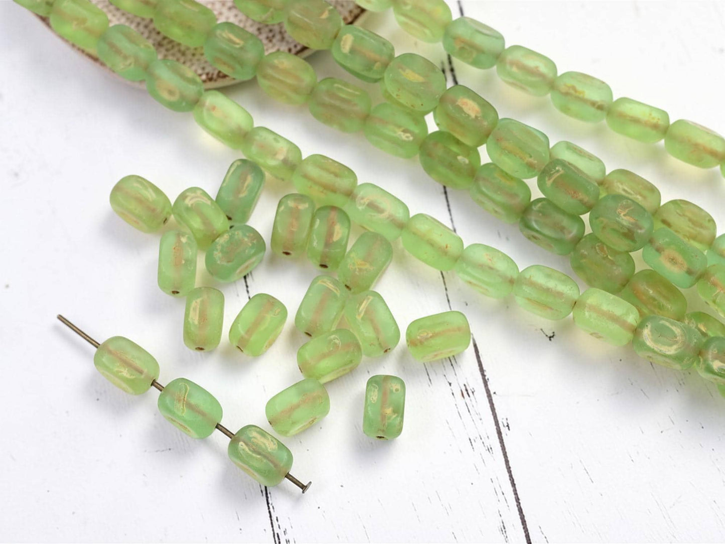 Old Stock Czech Glass Dimpled Rectangle Tube Glass Beads - Matte Olive Green Picasso - 11x7mm - 8" Strand - (B107)