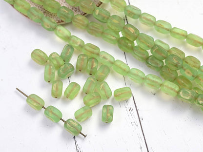Old Stock Czech Glass Dimpled Rectangle Tube Glass Beads - Matte Olive Green Picasso - 11x7mm - 8" Strand - (B107)