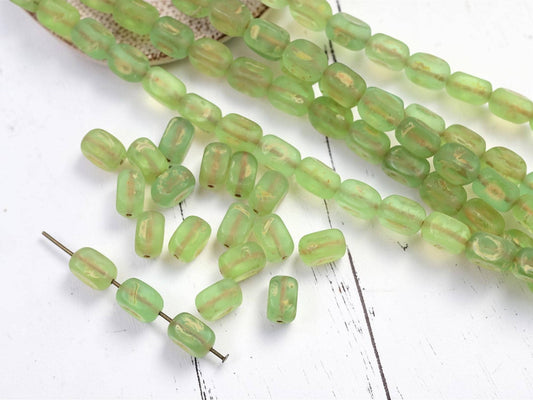 Old Stock Czech Glass Dimpled Rectangle Tube Glass Beads - Matte Olive Green Picasso - 11x7mm - 8" Strand - (B107)