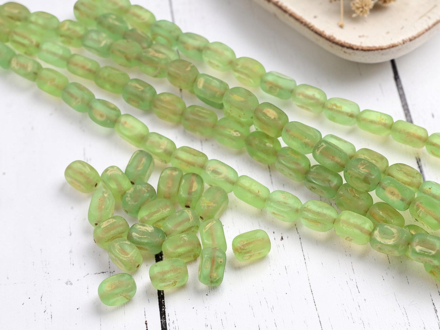Old Stock Czech Glass Dimpled Rectangle Tube Glass Beads - Matte Olive Green Picasso - 11x7mm - 8" Strand - (B107)