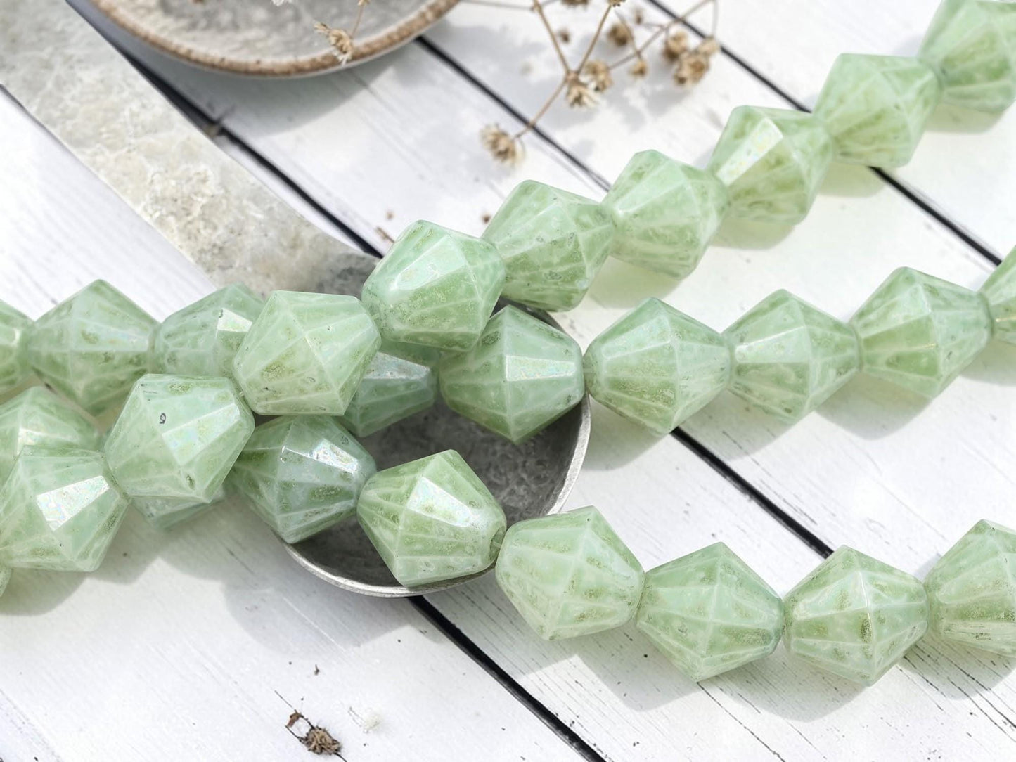 Old Stock Czech Glass Faceted Large Bicone Beads - Green Luster - 6pcs - 15mm - (438)