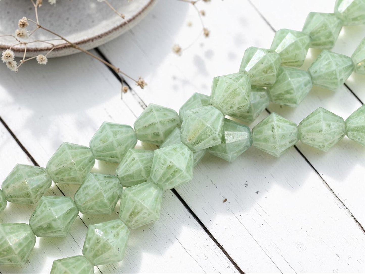Old Stock Czech Glass Faceted Large Bicone Beads - Green Luster - 6pcs - 15mm - (438)
