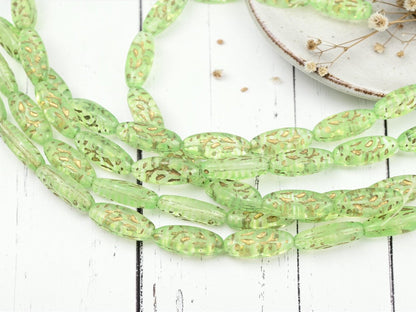 Old Stock Czech Glass Vintage Style Oval Glass Beads - Gold Washed Green Crystal - 19x8mm - 10pcs - 8" Strand - (A72)