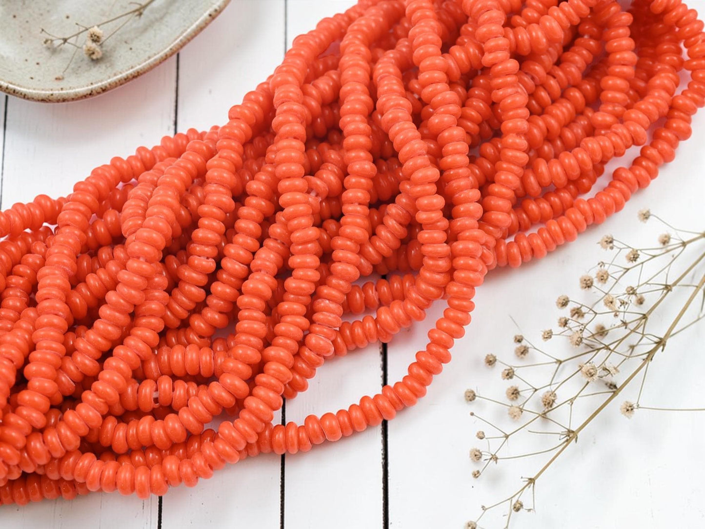 Indonesian Java Glass Beads - Donut Shape - Opaque Orange - Approx 4x7mm - 20" Strand - (3182)