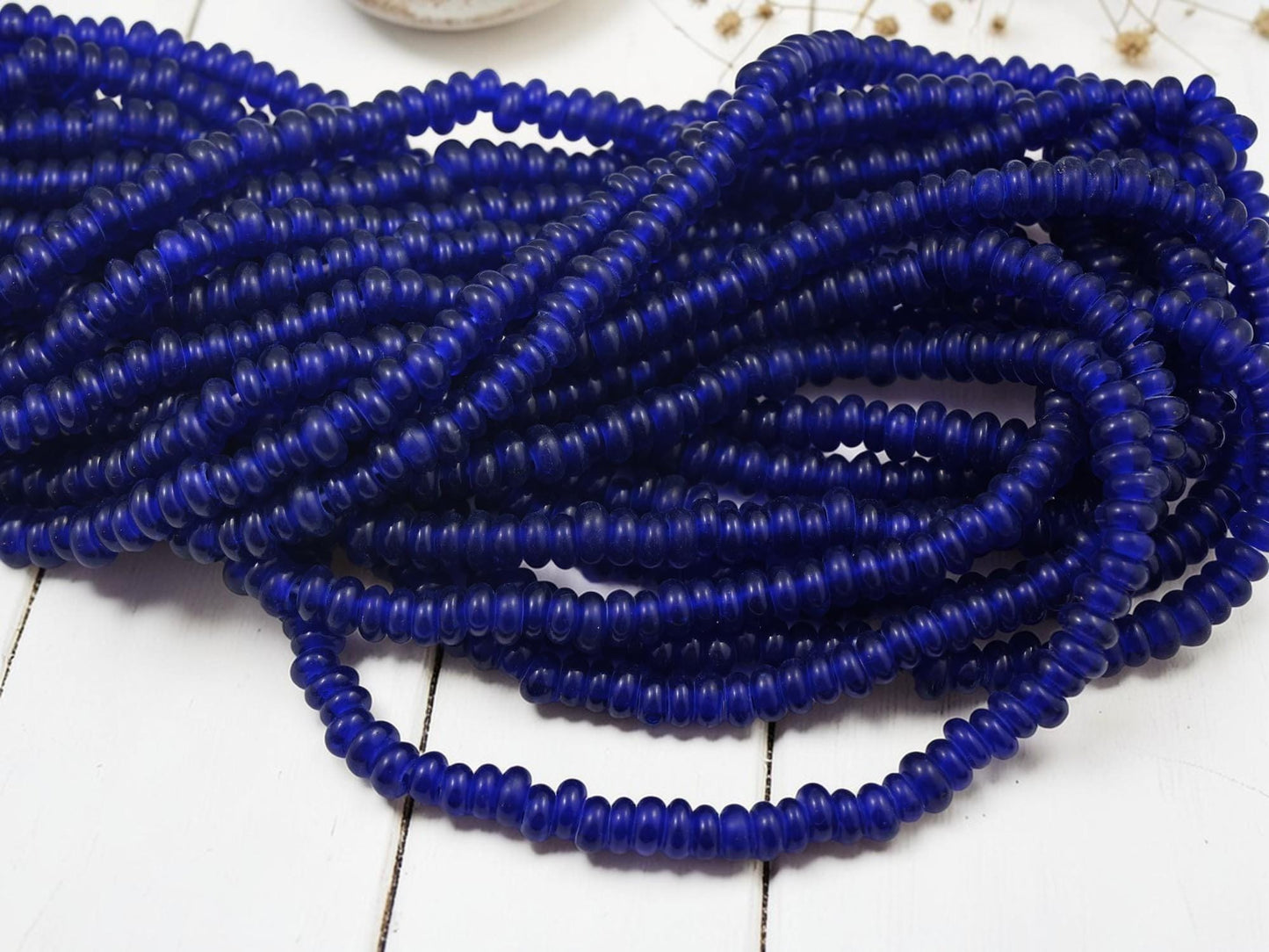 Indonesian Java Glass Beads - Donut Shape - Translucent Cobalt - Approx 4x7mm - 20" Strand - (B993)