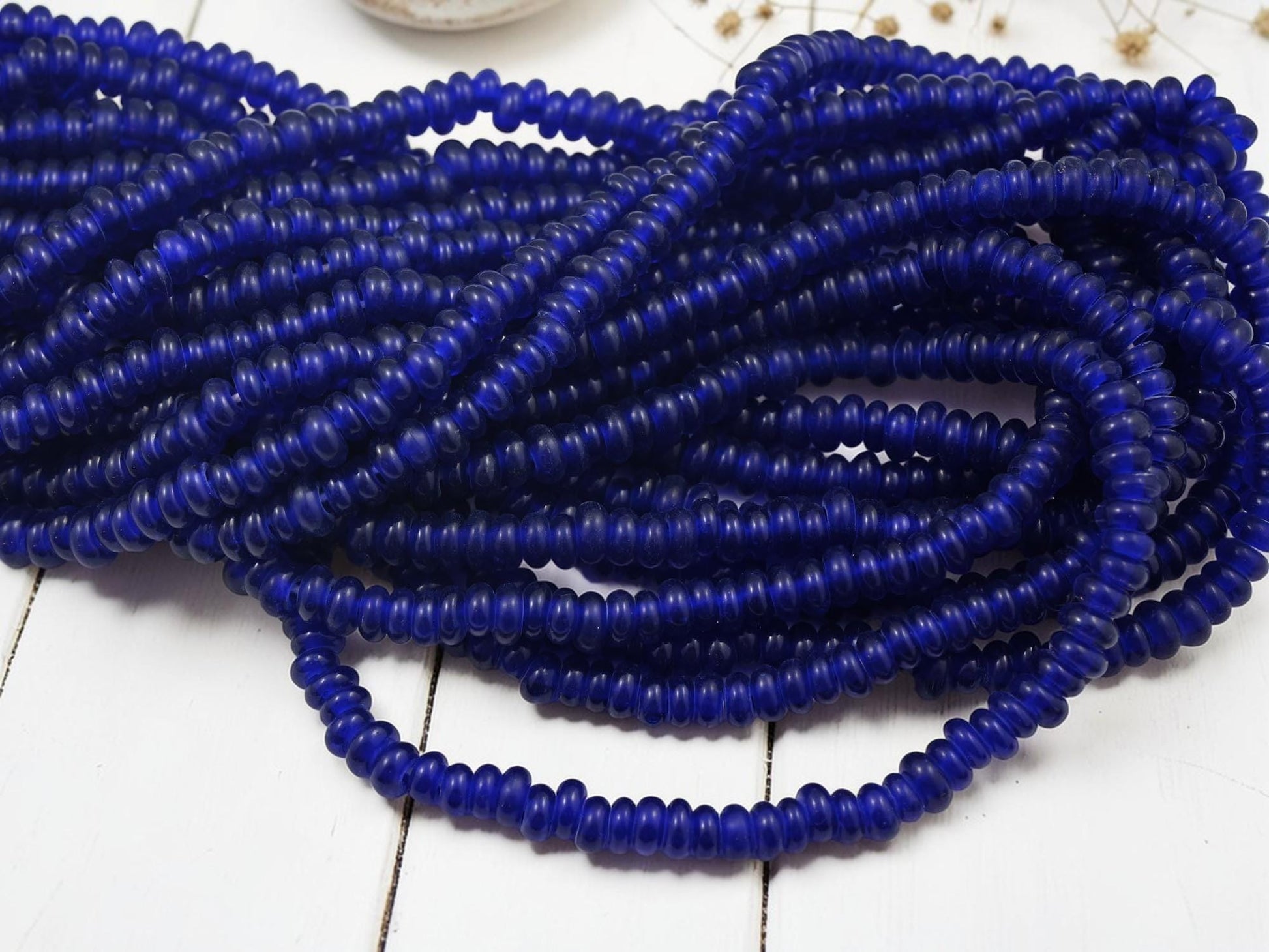 Indonesian Java Glass Beads - Donut Shape - Translucent Cobalt - Approx 4x7mm - 20" Strand - (B993)