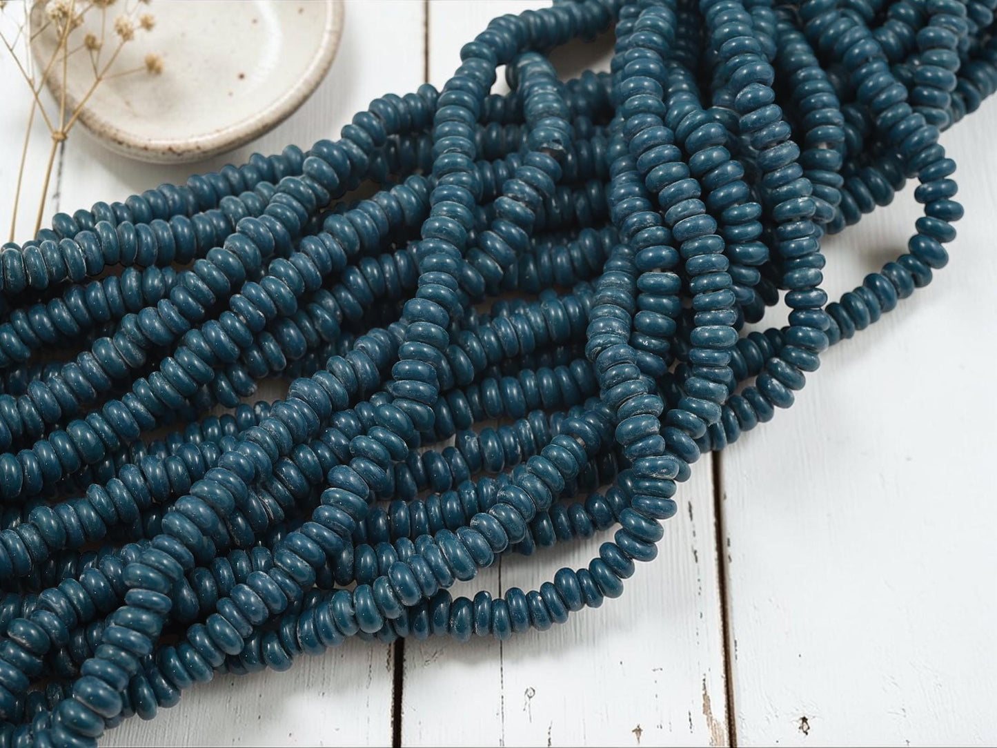 Indonesian Java Glass Beads - Donut Shape - Opaque Teal Blue - Approx 4x7mm - 20" Strand - (B65)