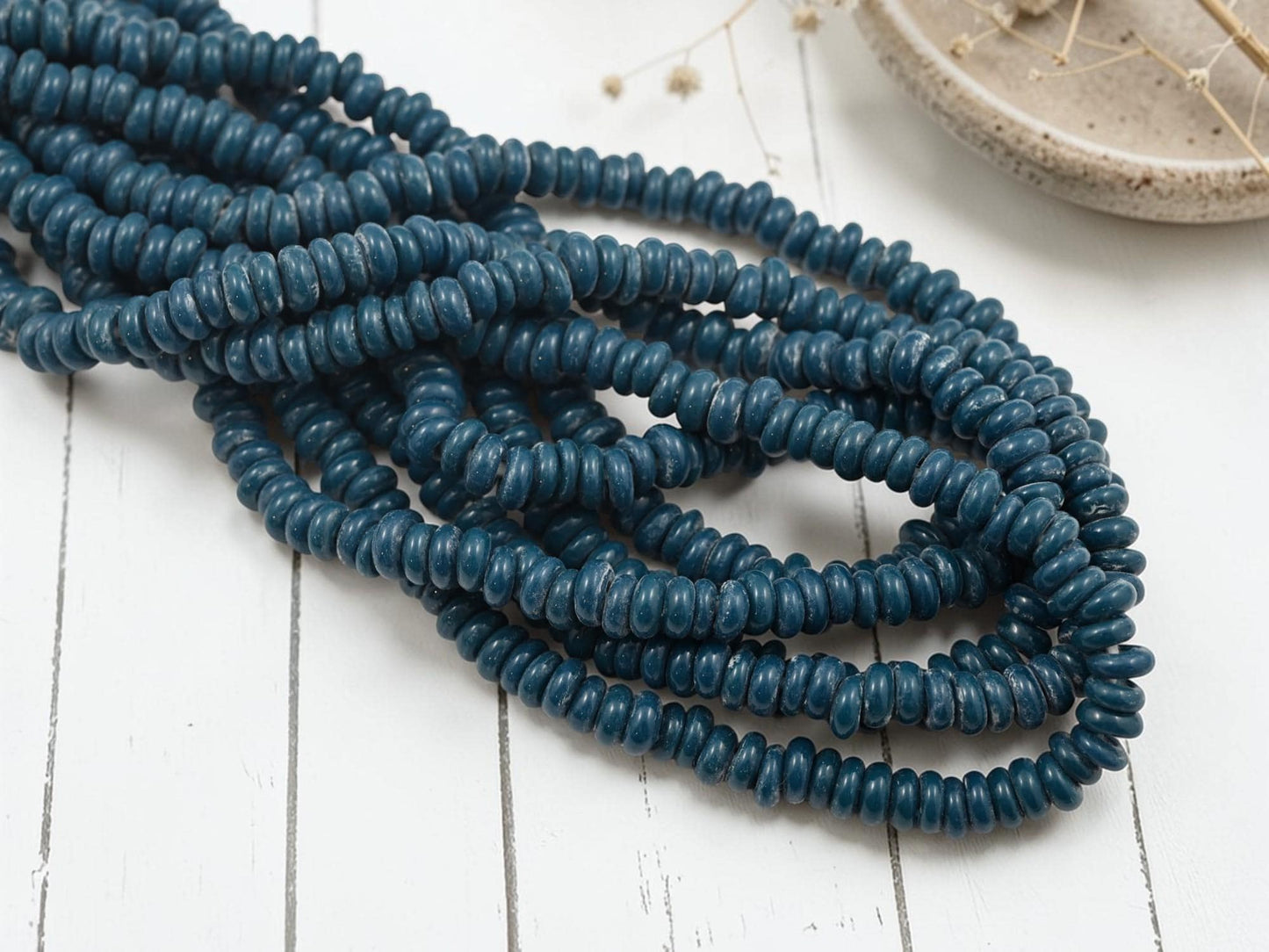 Indonesian Java Glass Beads - Donut Shape - Opaque Teal Blue - Approx 4x7mm - 20" Strand - (B65)