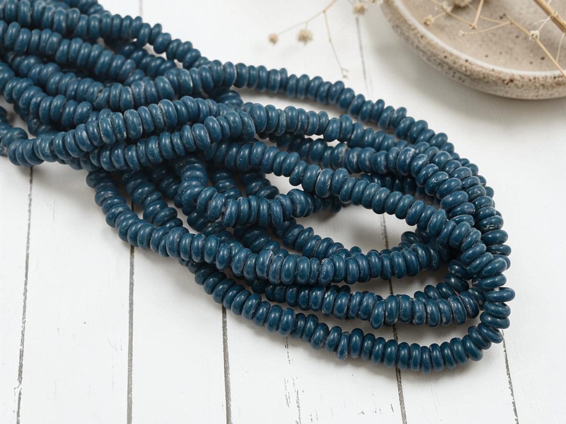 Indonesian Java Glass Beads - Donut Shape - Opaque Teal Blue - Approx 4x7mm - 20" Strand - (B65)