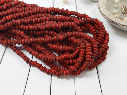 Indonesian Java Glass Beads - Donut Shape - Opaque Red - Approx 4x7mm - 20" Strand - (A46)