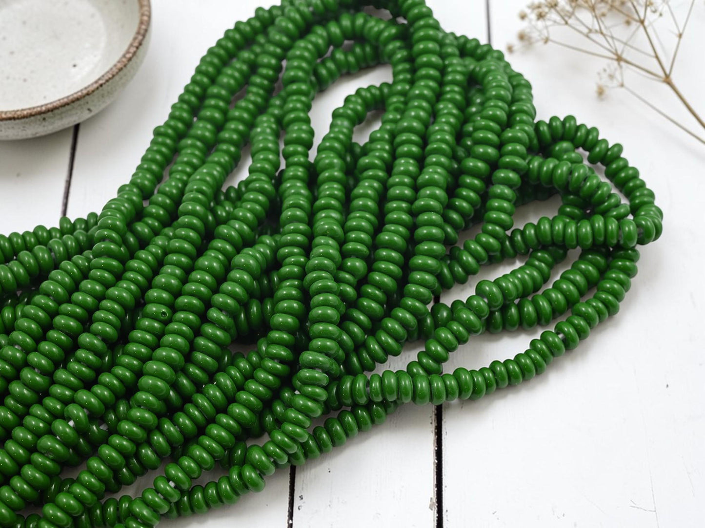 Indonesian Java Glass Beads - Donut Shape - Opaque Green - Approx 4x7mm - 20" Strand - (B324)