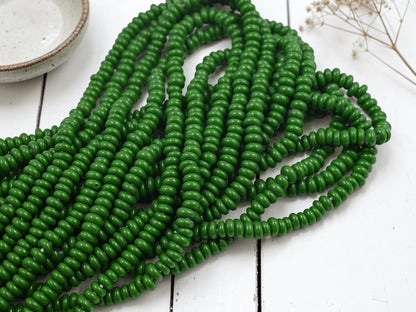 Indonesian Java Glass Beads - Donut Shape - Opaque Green - Approx 4x7mm - 20" Strand - (B324)