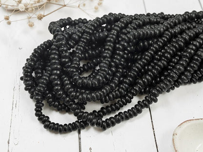 Indonesian Java Glass Beads - Donut Shape - Opaque Black - Approx 4x7mm - 20" Strand - (B437)