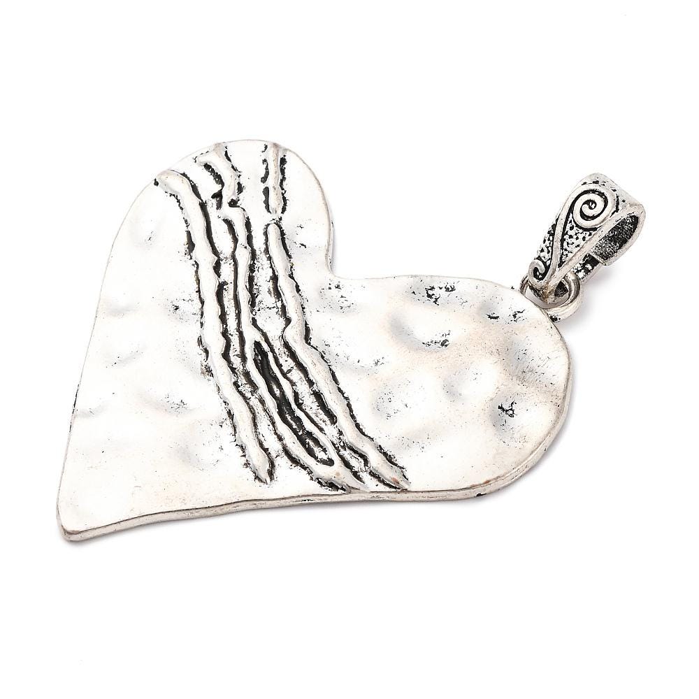 Antique Silver Hammered Metal Heart Pendant - 69x65mm - 1pc - (A705)