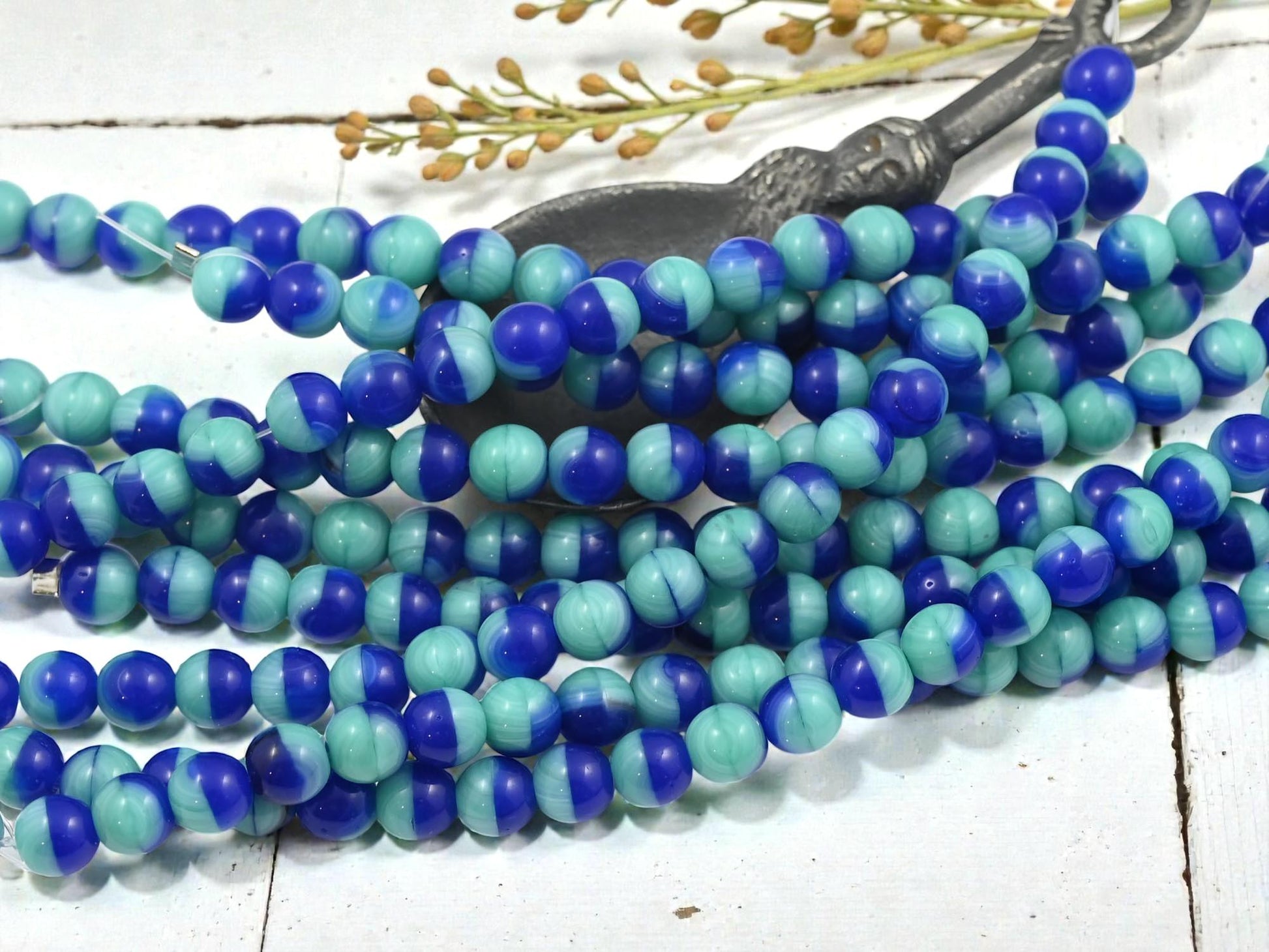 Czech Pressed Glass 6mm Round Druk Beads - Blue + Turquoise - 20pcs - (3964)