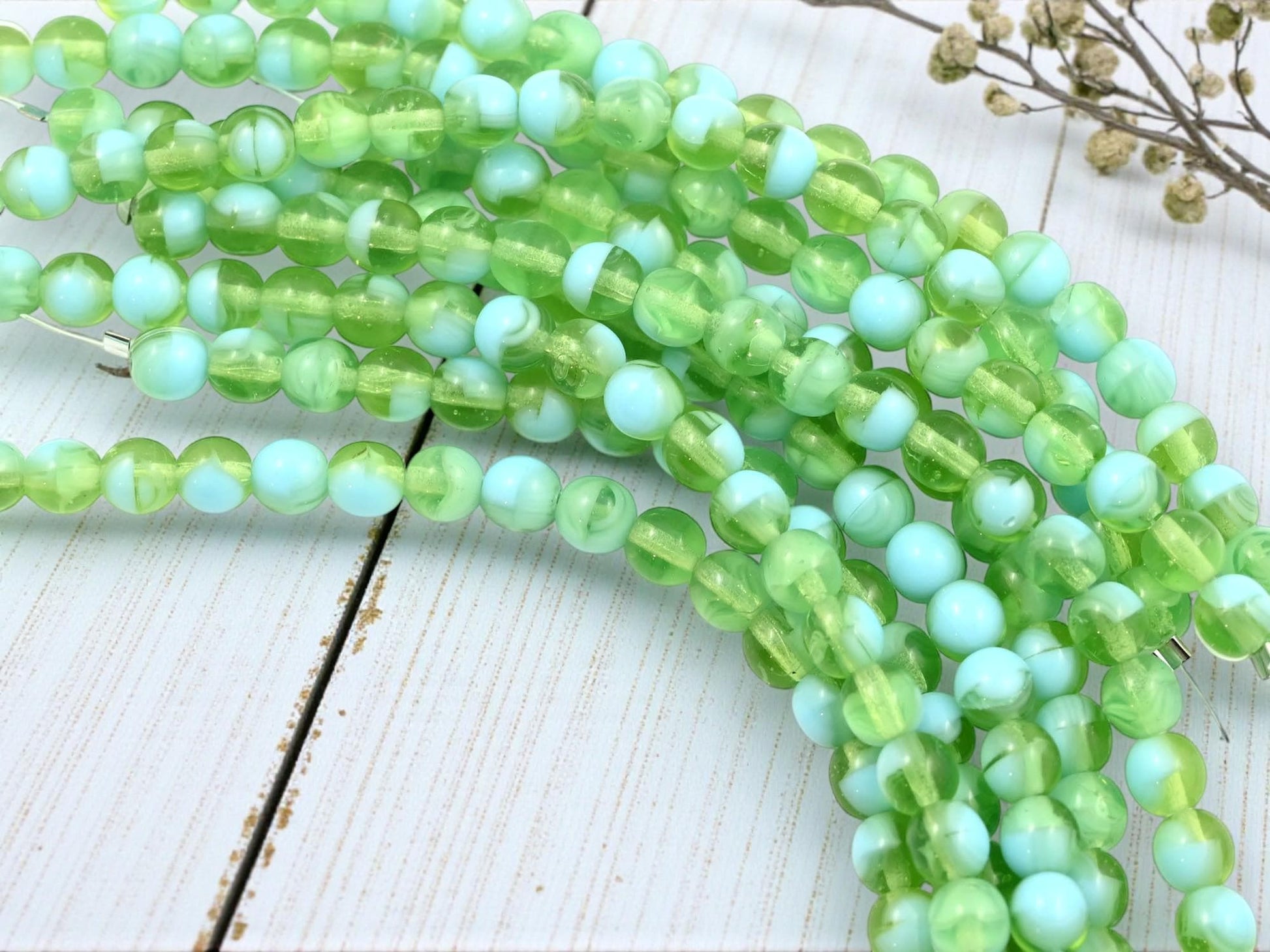 Czech Pressed Glass 6mm Round Druk Beads - Peridot + Turquoise - 20pcs - (2120)