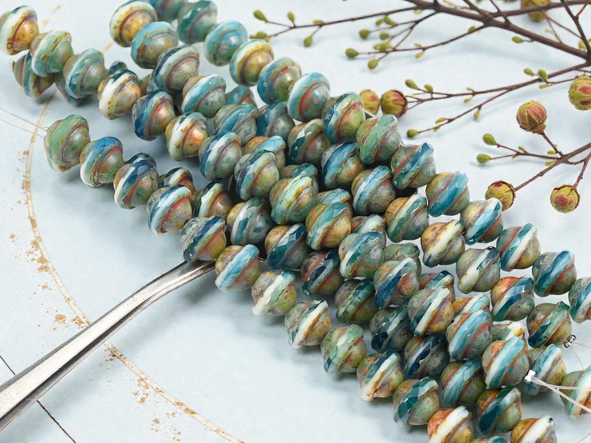 Czech Glass Fire Polished Saturn Beads - Blended Teal + White Picasso - 8x10mm - 15pcs - (3975)