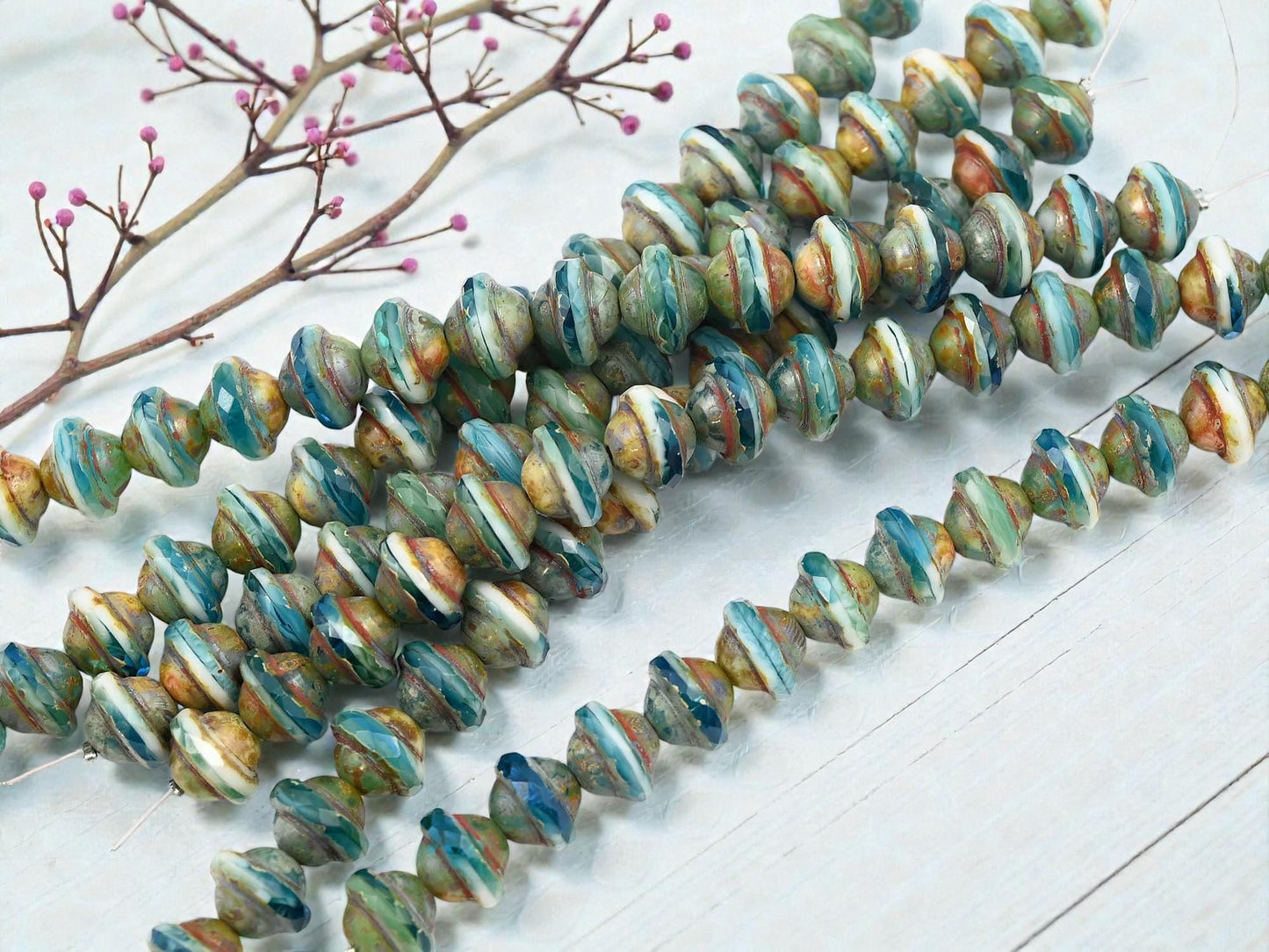 Czech Glass Fire Polished Saturn Beads - Blended Teal + White Picasso - 8x10mm - 15pcs - (3975)