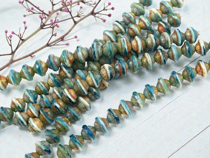 Czech Glass Fire Polished Saturn Beads - Blended Teal + White Picasso - 8x10mm - 15pcs - (3975)