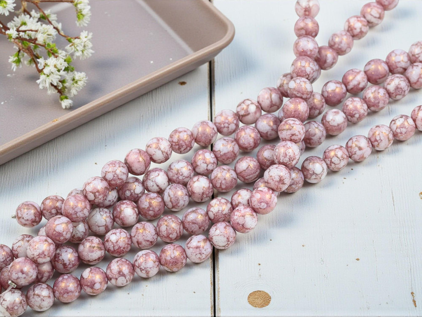Czech Pressed Glass 8mm Round Druk Beads - Alabaster Pink Picasso - 20pcs - (A51)