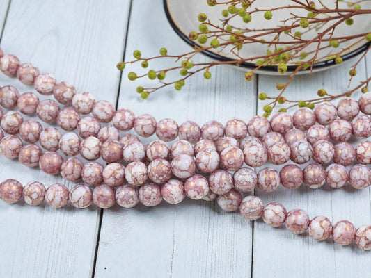 Czech Pressed Glass 8mm Round Druk Beads - Alabaster Pink Picasso - 20pcs - (A51)