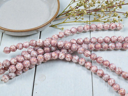 Czech Pressed Glass 8mm Round Druk Beads - Alabaster Pink Picasso - 20pcs - (A51)