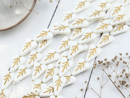 Czech Glass Heart Leaf Beads - Gold Washed White - 17x11mm - 8pcs (2028)
