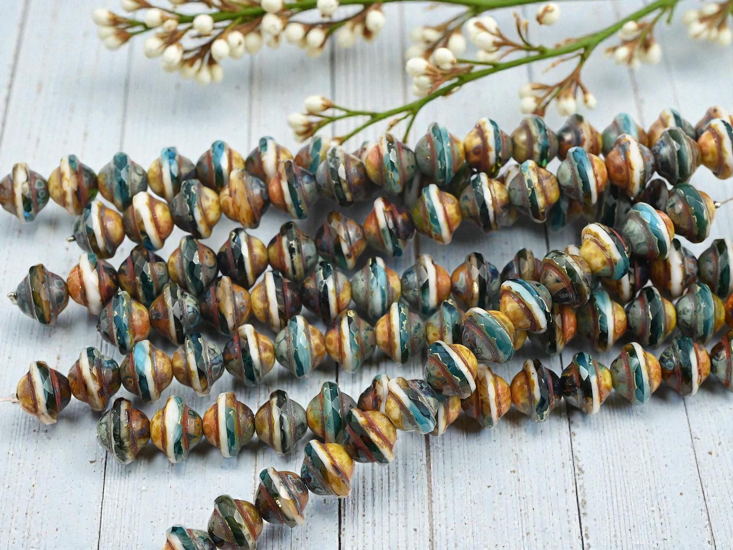 Czech Glass Fire Polished Saturn Beads - Blended Teal Aqua + White Picasso - 8x10mm - 15pcs - (4234)